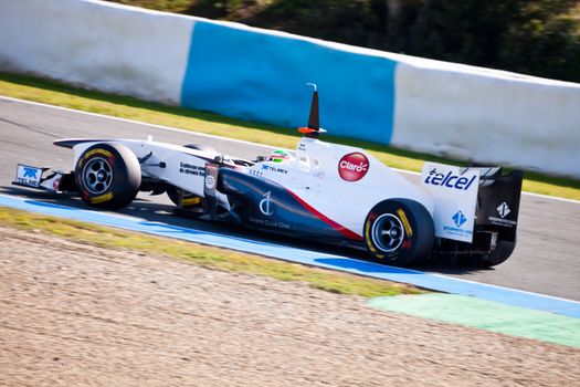 JEREZ DE LA FRONTERA, SPAIN - FEB 10: Sergio Perez of Sauber F1 races on training session on February 10 , 2011, in Jerez de la Frontera , Spain