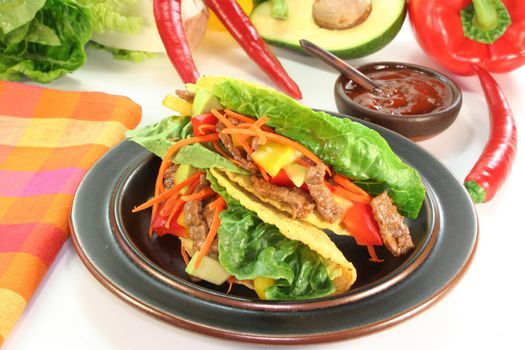 Taco shells filled with beef strips and vegetables