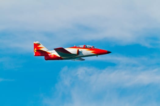 CADIZ, SPAIN-SEP 9: Aircrafts of the Patrulla Aguila taking part in a test on the 4th airshow of Cadiz on Sep 9, 2011, in Cadiz, Spain