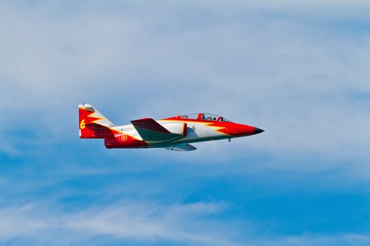 CADIZ, SPAIN-SEP 9: Aircrafts of the Patrulla Aguila taking part in a test on the 4th airshow of Cadiz on Sep 9, 2011, in Cadiz, Spain