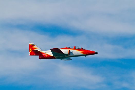 CADIZ, SPAIN-SEP 9: Aircrafts of the Patrulla Aguila taking part in a test on the 4th airshow of Cadiz on Sep 9, 2011, in Cadiz, Spain
