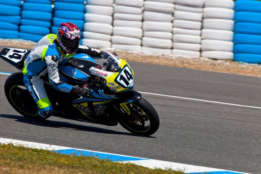 JEREZ DE LA FRONTERA, SPAIN - APR 17: Stock Extreme motorcyclist Alexandre Praud takes a curve in the CEV Championship race on April 17, 2011 in Jerez de la Frontera, Spain