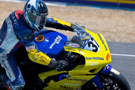 JEREZ DE LA FRONTERA, SPAIN - APR 17: Stock Extreme motorcyclist Jorge Arroyo takes a curve in the CEV Championship race on April 17, 2011 in Jerez de la Frontera, Spain