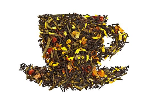 A mixture of black and green dry tea with petals of sunflower, rose, fruit of rose hips and papaya in form cup isolated on a white background