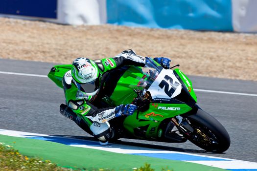 JEREZ DE LA FRONTERA, SPAIN - APR 17: Stock Extreme motorcyclist Ivan Silva takes a curve in the CEV Championship race on April 17, 2011 in Jerez de la Frontera, Spain