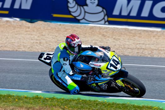 JEREZ DE LA FRONTERA, SPAIN - APR 17: Stock Extreme motorcyclist Alexandre Praud takes a curve in the CEV Championship race on April 17, 2011 in Jerez de la Frontera, Spain