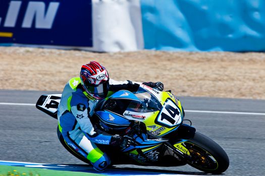 JEREZ DE LA FRONTERA, SPAIN - APR 17: Stock Extreme motorcyclist Alexandre Praud takes a curve in the CEV Championship race on April 17, 2011 in Jerez de la Frontera, Spain
