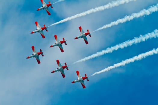CADIZ, SPAIN-SEP 9: Aircrafts of the Patrulla Aguila taking part in a test on the 4th airshow of Cadiz on Sep 9, 2011, in Cadiz, Spain