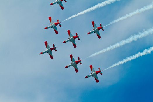 CADIZ, SPAIN-SEP 9: Aircrafts of the Patrulla Aguila taking part in a test on the 4th airshow of Cadiz on Sep 9, 2011, in Cadiz, Spain