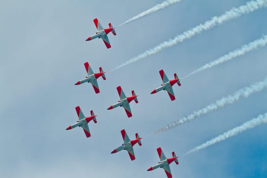 CADIZ, SPAIN-SEP 9: Aircrafts of the Patrulla Aguila taking part in a test on the 4th airshow of Cadiz on Sep 9, 2011, in Cadiz, Spain