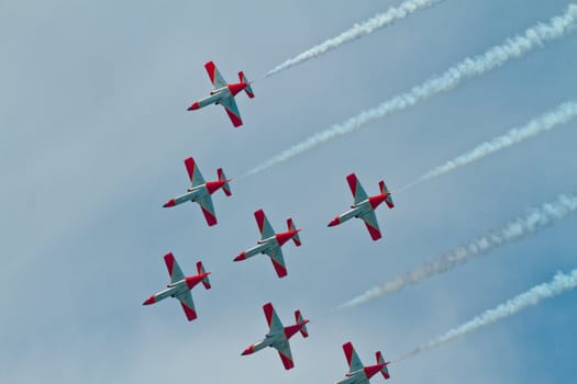 CADIZ, SPAIN-SEP 9: Aircrafts of the Patrulla Aguila taking part in a test on the 4th airshow of Cadiz on Sep 9, 2011, in Cadiz, Spain