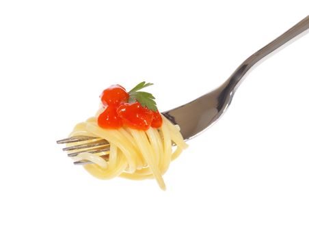 Spaghetti with sauce, photo on the white background