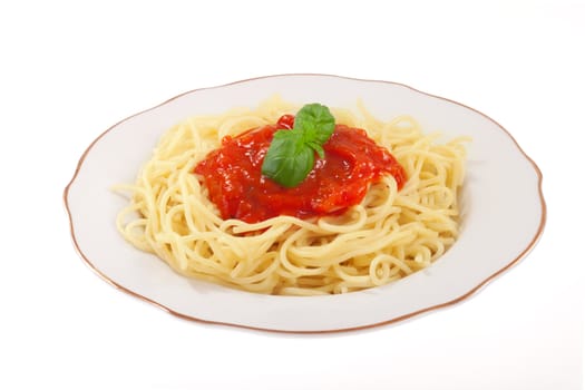 Spaghetti with sauce, photo on the white background