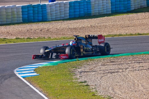 JEREZ DE LA FRONTERA, SPAIN - FEB 11: Vitaly Petrov of Lotus Renault F1 takes a curve on training session on February 11 , 2011, in Jerez de la Frontera , Spain
