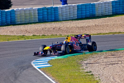 JEREZ DE LA FRONTERA, SPAIN - FEB 11: Mark Webber of Red
Bull Racing F1 takes a curve on training session on February 11 , 2011, in Jerez de la Frontera , Spain