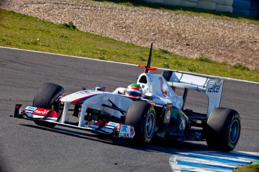 JEREZ DE LA FRONTERA, SPAIN - FEB 11: Sergio Perez of Sauber F1 takes a curve on training session on February 11 , 2011, in Jerez de la Frontera , Spain