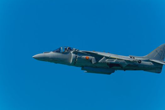 CADIZ, SPAIN-SEP 12: Aircraft AV-8B Harrier Plus taking part in a test on the 1st airshow of Cadiz on Sep 12, 2008, in Cadiz, Spain