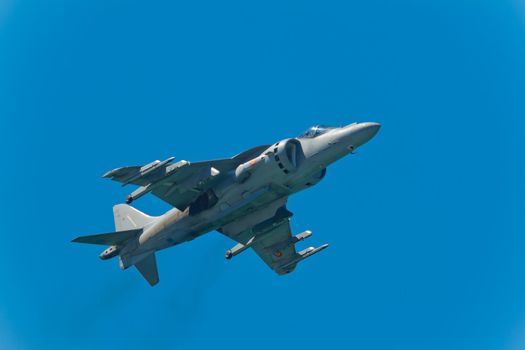 CADIZ, SPAIN-SEP 12: Aircraft AV-8B Harrier Plus taking part in a test on the 1st airshow of Cadiz on Sep 12, 2008, in Cadiz, Spain
