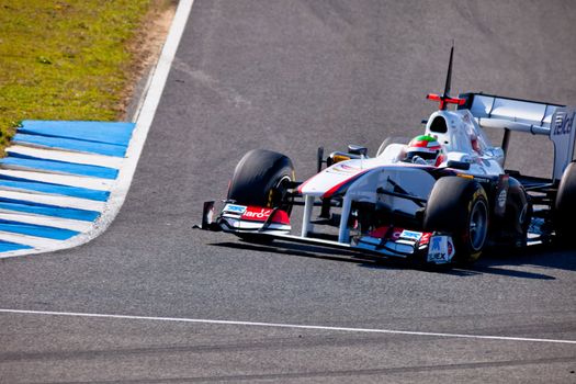 JEREZ DE LA FRONTERA, SPAIN - FEB 11: Sergio Perez of Sauber F1 races on training session on February 11 , 2011, in Jerez de la Frontera , Spain