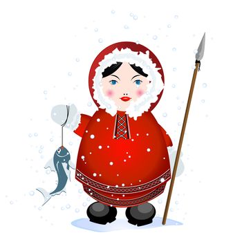 Cartoon eskimo with spear and caught fish on white background