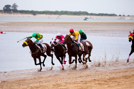 SANLUCAR DE BARRAMEDA, CADIZ, SPAIN - AUGUST 07: Unidentified riders at the start of race horses on Sanlucar de Barrameda beach on  August 07, 2010 in Sanlucar de Barrameda, Cadiz, Spain.