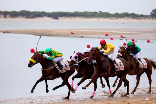 SANLUCAR DE BARRAMEDA, CADIZ, SPAIN - AUGUST 07: Unidentified riders at the start of race horses on Sanlucar de Barrameda beach on  August 07, 2010 in Sanlucar de Barrameda, Cadiz, Spain.