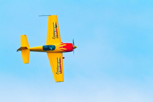 CADIZ, SPAIN-SEP 10: Aircraft Extra 300S of Melissa Pemberton taking part in an test on the 4th airshow of Cadiz on Sep 10, 2011, in Cadiz, Spain