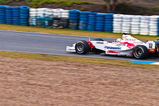 JEREZ DE LA FRONTERA, SPAIN - DEC 04: Jarno Trulli of Toyota F1 races during a training session on December 04, 2004, in Jerez de la Frontera, Spain