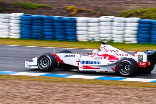 JEREZ DE LA FRONTERA, SPAIN - DEC 04: Jarno Trulli of Toyota F1 races during a training session on December 04, 2004, in Jerez de la Frontera, Spain