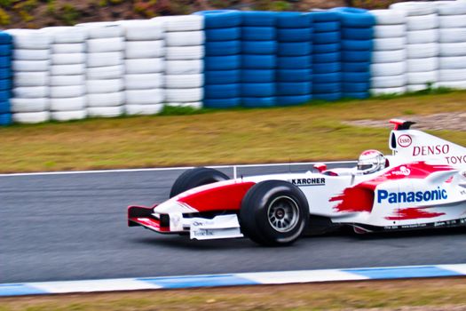 JEREZ DE LA FRONTERA, SPAIN - DEC 04: Jarno Trulli of Toyota F1 races during a training session on December 04, 2004, in Jerez de la Frontera, Spain