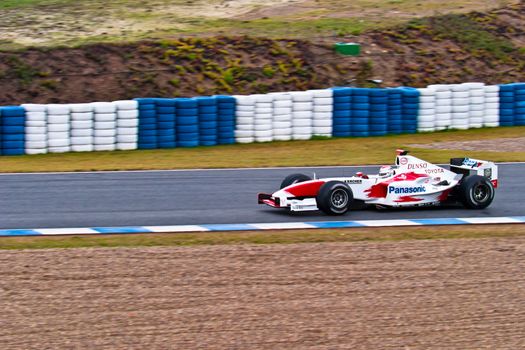 JEREZ DE LA FRONTERA, SPAIN - DEC 04: Jarno Trulli of Toyota F1 races during a training session on December 04, 2004, in Jerez de la Frontera, Spain