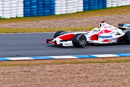 JEREZ DE LA FRONTERA, SPAIN - DEC 04: Jarno Trulli of Toyota F1 races during a training session on December 04, 2004, in Jerez de la Frontera, Spain