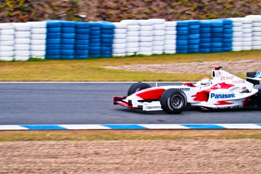 JEREZ DE LA FRONTERA, SPAIN - DEC 04: Jarno Trulli of Toyota F1 races during a training session on December 04, 2004, in Jerez de la Frontera, Spain