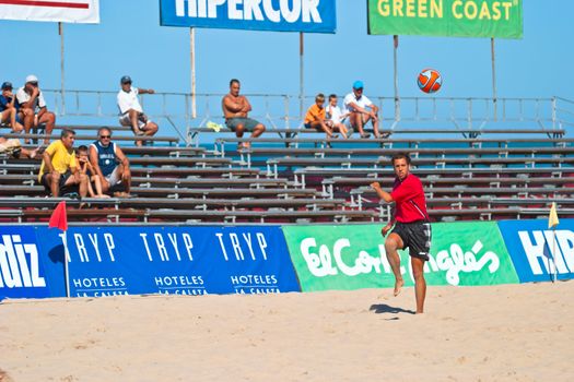 CADIZ, SPAIN -  JUL 30:  Unknown player of the team of Gijon playing the Spanish Championship of Beach Soccer on Jul 30, 2005 on the beach of La Victoria in Cadiz, Spain