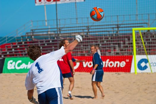 CADIZ, SPAIN -  JUL 30:  Unknown players of the team of Cadiz and Gijon playing the Spanish Championship of Beach Soccer on Jul 30, 2005 on the beach of La Victoria in Cadiz, Spain