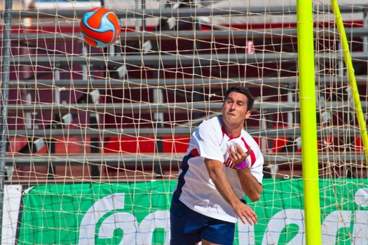 CADIZ, SPAIN -  JUL 30:  Unknown goalkeeper of the team of Cadiz playing the Spanish Championship of Beach Soccer on Jul 30, 2005 on the beach of La Victoria in Cadiz, Spain