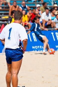 CADIZ, SPAIN -  JUL 30:  Unknown goalkeeper of the team of Cadiz playing the Spanish Championship of Beach Soccer on Jul 30, 2005 on the beach of La Victoria in Cadiz, Spain