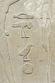 Ancient Egypt hieroglyph writing and sign on stone wall