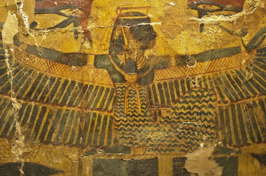 Ancient Egypt hieroglyph writing and sign on wood coffin