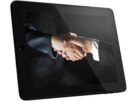 Handshake, Handshaking on Tablet PC Computer, isolated