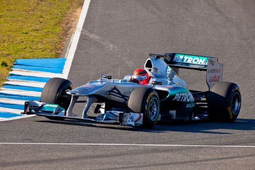 JEREZ DE LA FRONTERA, SPAIN - FEB 11: Michael Schumacher of Mercedes F1 takes a curve on training session on February 11 , 2011, in Jerez de la Frontera , Spain
