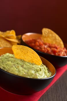 Fresh homemade guacamole, a Mexican sauce made of mainly avocado cream with a nacho on top with tomato sauce in the back (Selective Focus, Focus on the nacho in the guacamole)