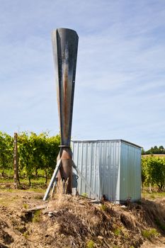 Hail cannon in Italian vineyard, Monferrato and Langhe area, Piemonte region.