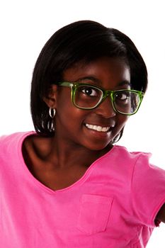 Beautiful happy face of a teenager girl with nerd glasses smiling, isolated.