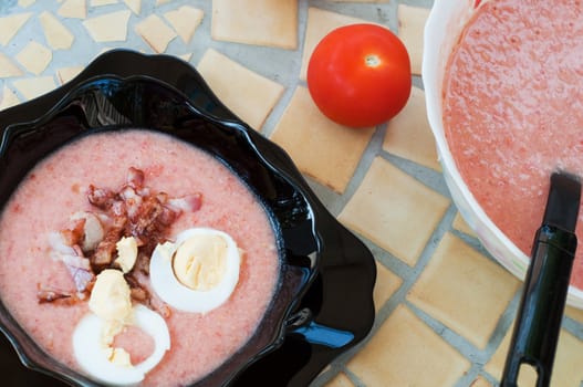 Shot of cold red soup on the table