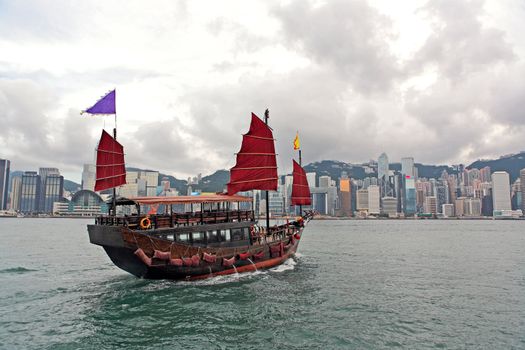 Hong Kong harbour with tourist junk