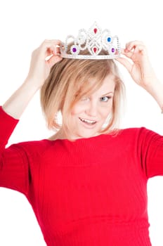 Portrait of beautiful woman with crown isolated on white