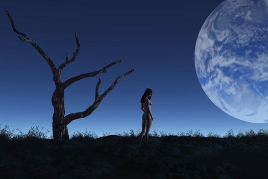 This image shows a fantasy scene with earth and nudely girl