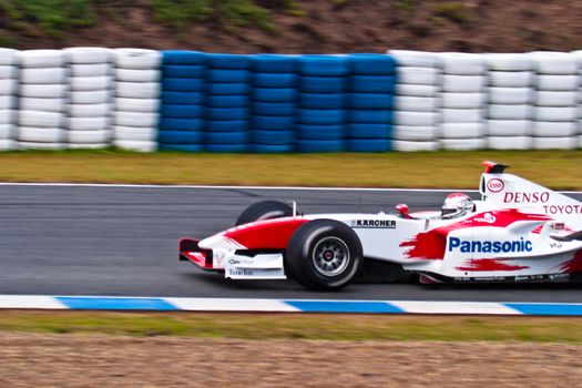 JEREZ DE LA FRONTERA, SPAIN - DEC 04: Jarno Trulli of Toyota F1 races during a training session on December 04, 2004, in Jerez de la Frontera, Spain