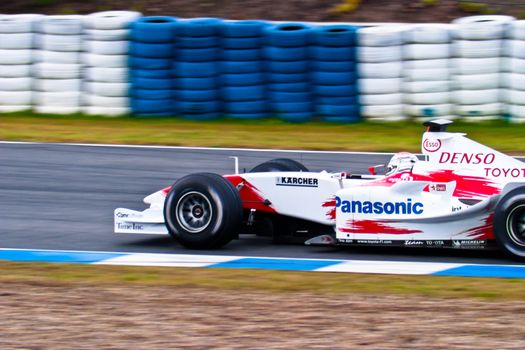 JEREZ DE LA FRONTERA, SPAIN - DEC 04: Jarno Trulli of Toyota F1 races during a training session on December 04, 2004, in Jerez de la Frontera, Spain